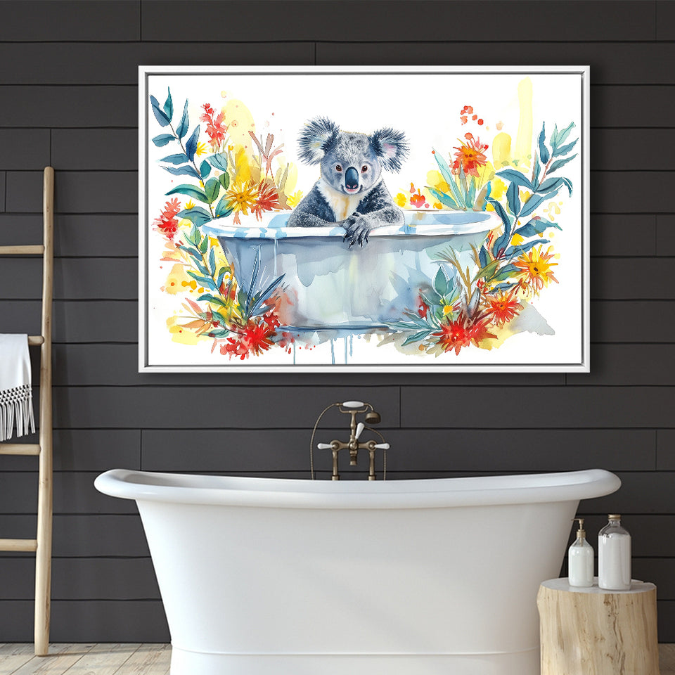 Koala In Bathtub Bathroom Print Tropical Leave V2, Bathroom Art Decor Framed Canvas Prints Wall Art,Floating Frame