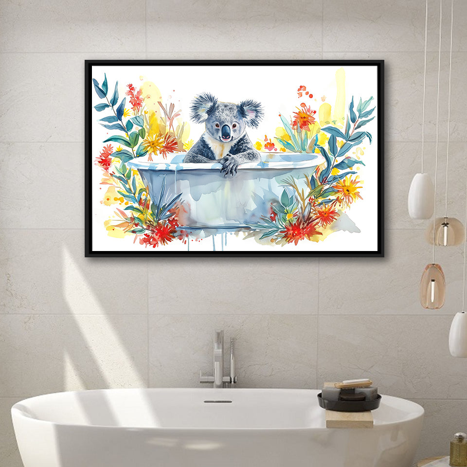 Koala In Bathtub Bathroom Print Tropical Leave V2, Bathroom Art Decor Framed Canvas Prints Wall Art,Floating Frame