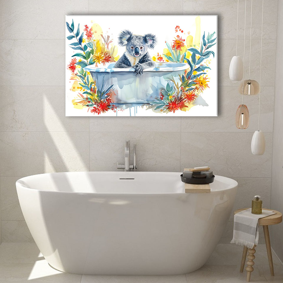 Koala In Bathtub Bathroom Print Tropical Leave V2, Bathroom Art Decor Canvas Prints Wall Art, Animal Bathroom Art