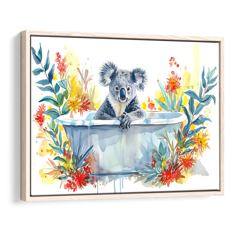 Koala In Bathtub Bathroom Print Tropical Leave V2, Bathroom Art Decor Framed Canvas Prints Wall Art,Floating Frame