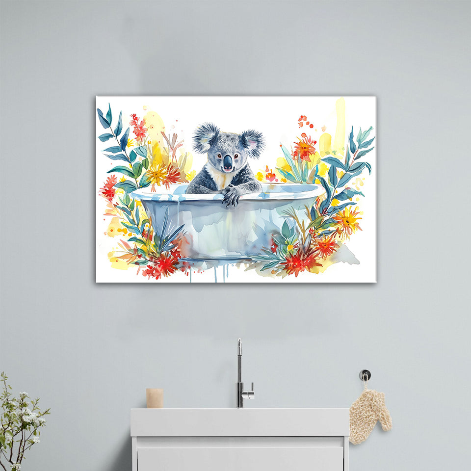 Koala In Bathtub Bathroom Print Tropical Leave V2, Bathroom Art Decor Canvas Prints Wall Art, Animal Bathroom Art