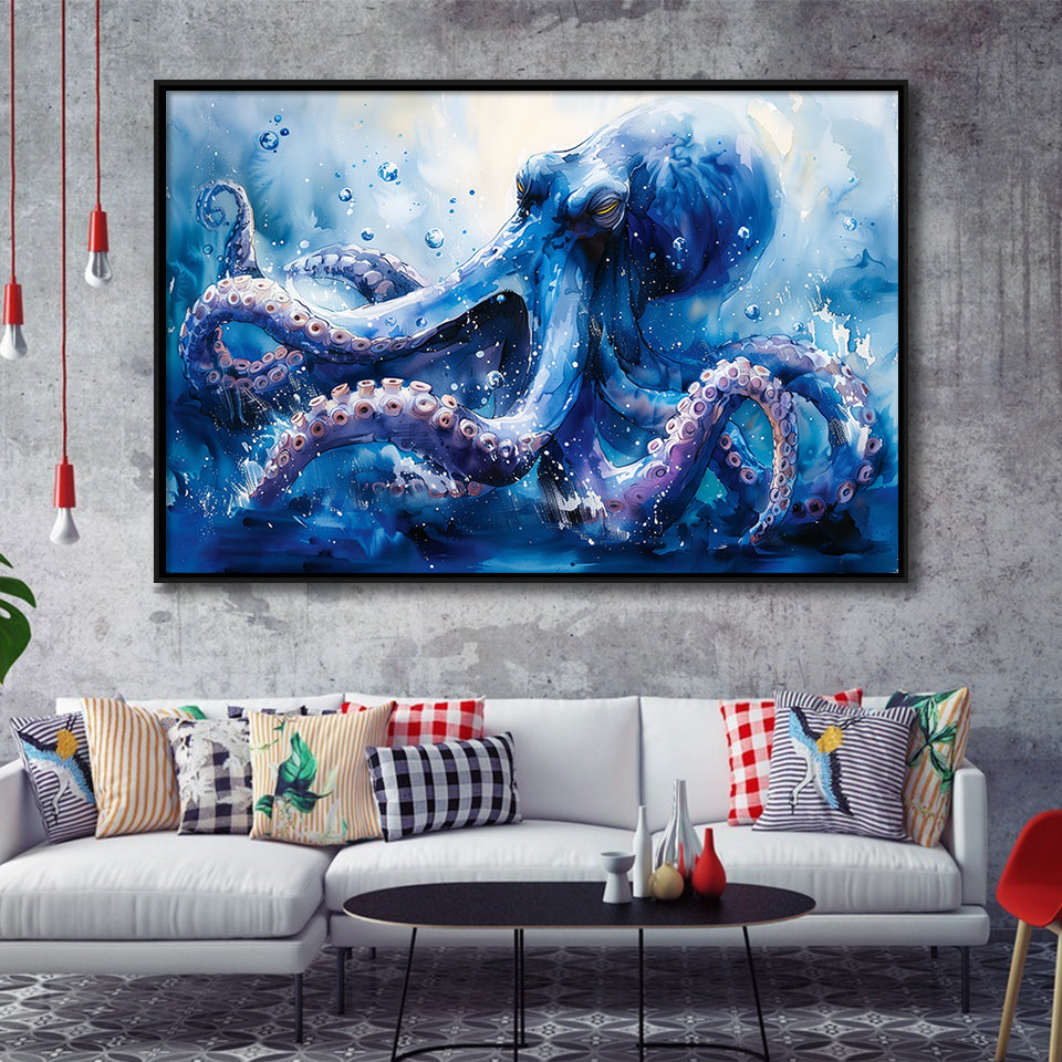 Kraken In The Sea Ocean Watercolor Painting, Floating Frame, Framed Canvas Print Wall Art Home Decor