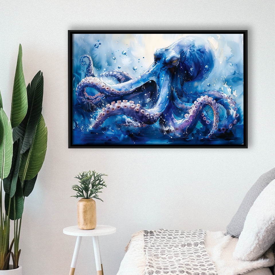 Kraken In The Sea Ocean Watercolor Painting, Floating Frame, Framed Canvas Print Wall Art Home Decor