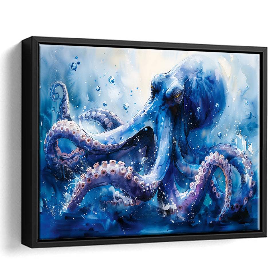 Kraken In The Sea Ocean Watercolor Painting, Floating Frame, Framed Canvas Print Wall Art Home Decor
