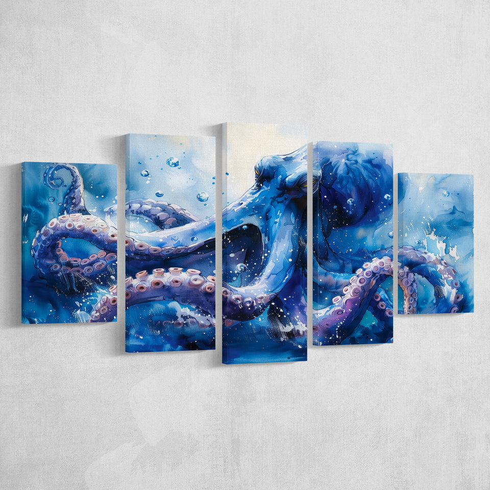 Kraken In The Sea Ocean Watercolor Painting, Multi Panel,Mixed Canvas Print Wall Art Decor