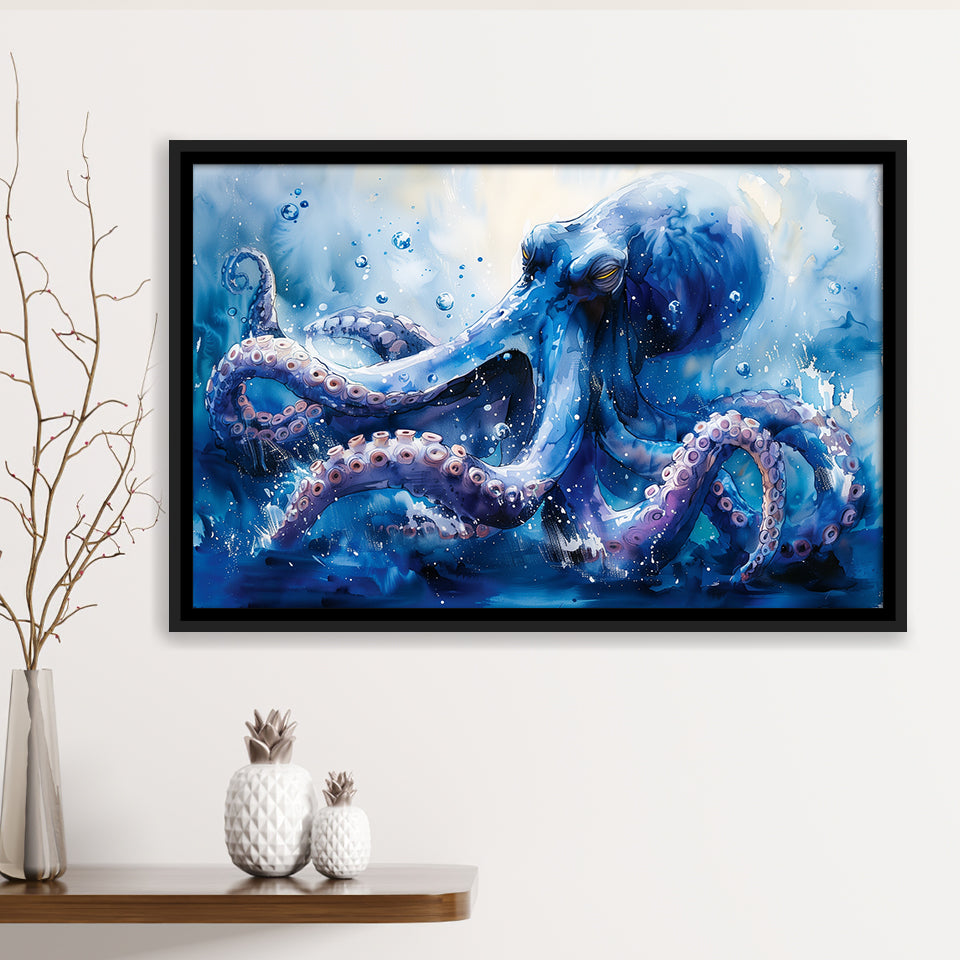Kraken In The Sea Ocean Watercolor Painting, Floating Frame, Framed Canvas Print Wall Art Home Decor