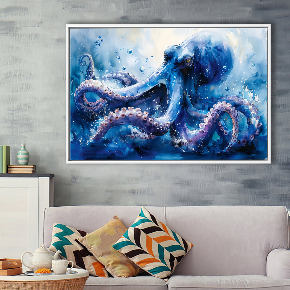 Kraken In The Sea Ocean Watercolor Painting, Floating Frame, Framed Canvas Print Wall Art Home Decor