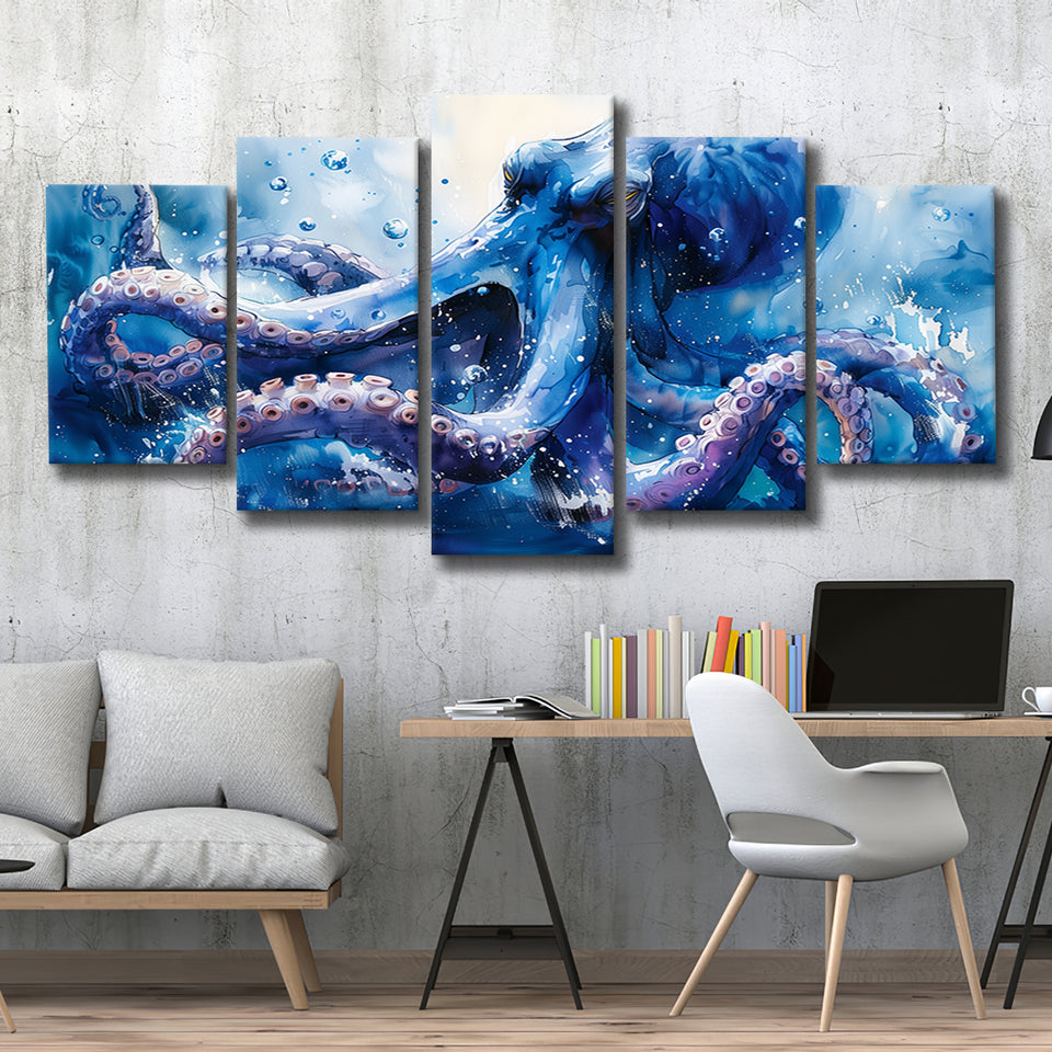 Kraken In The Sea Ocean Watercolor Painting, Multi Panel,Mixed Canvas Print Wall Art Decor