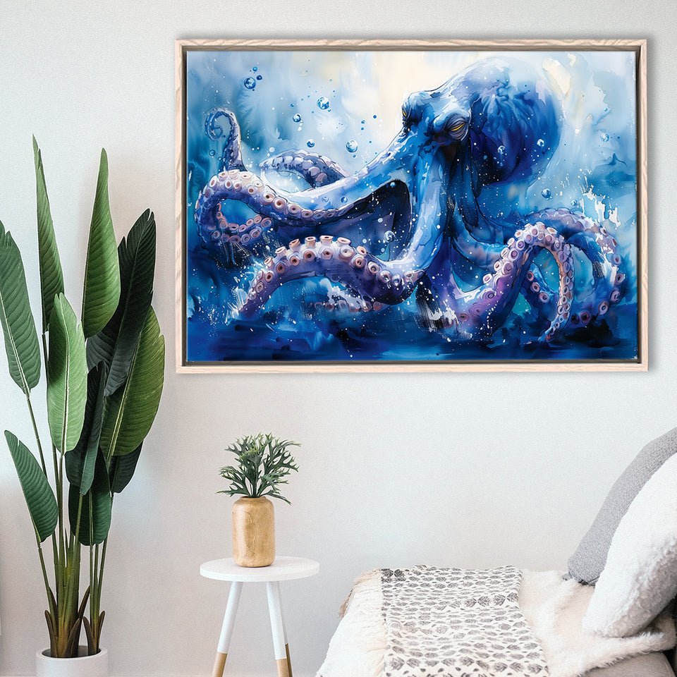 Kraken In The Sea Ocean Watercolor Painting, Floating Frame, Framed Canvas Print Wall Art Home Decor