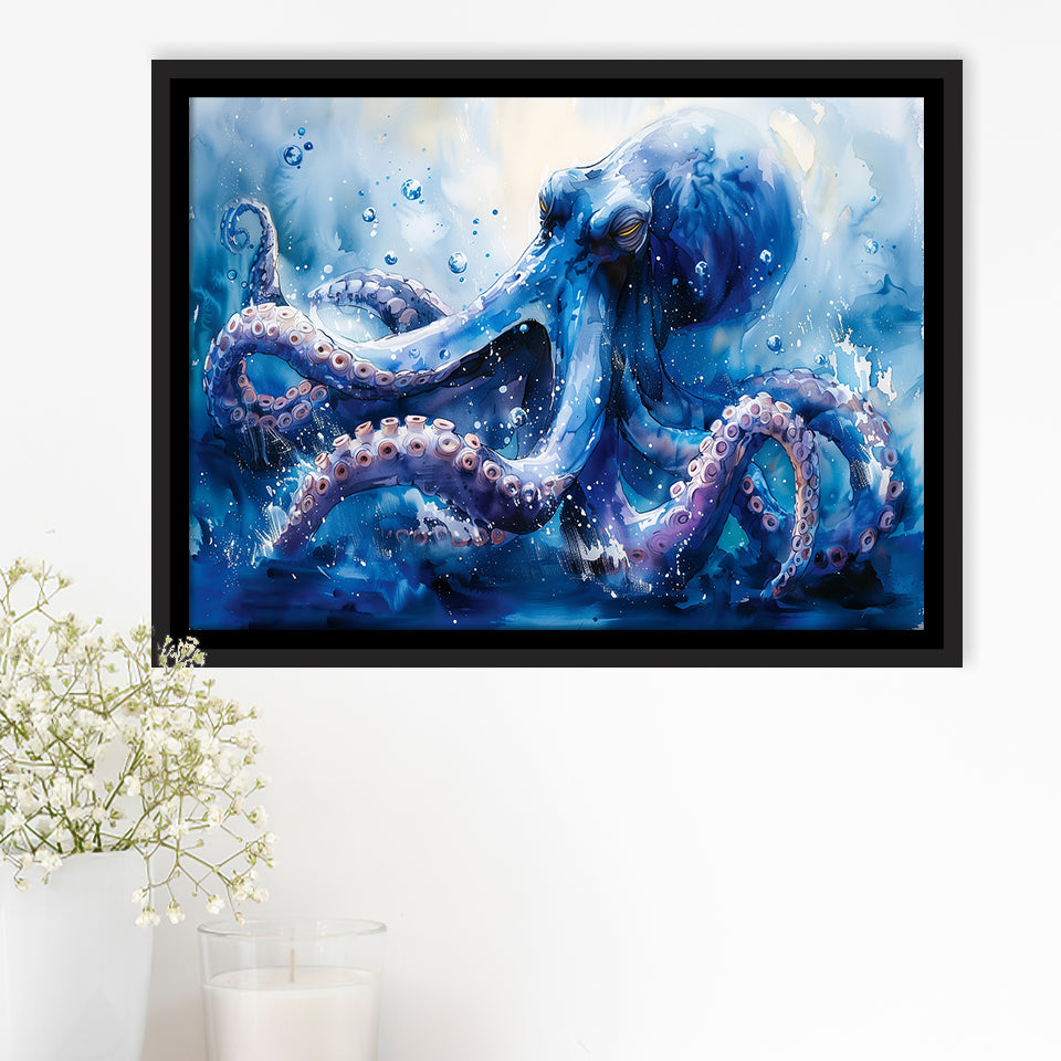 Kraken In The Sea Ocean Watercolor Painting, Floating Frame, Framed Canvas Print Wall Art Home Decor