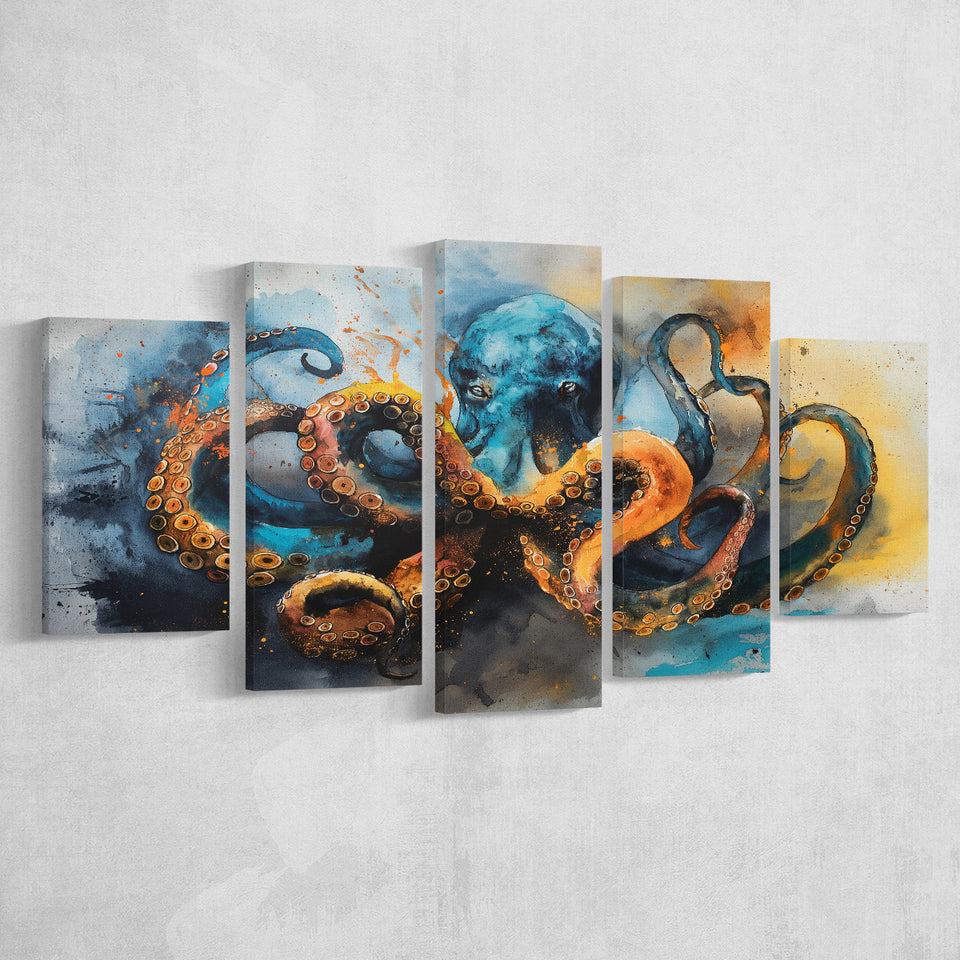 Kraken Painting Art Watercolor Painting, Mixed 5 Panel Canvas Print Wall Art Home Decor, Large Canvas Painting