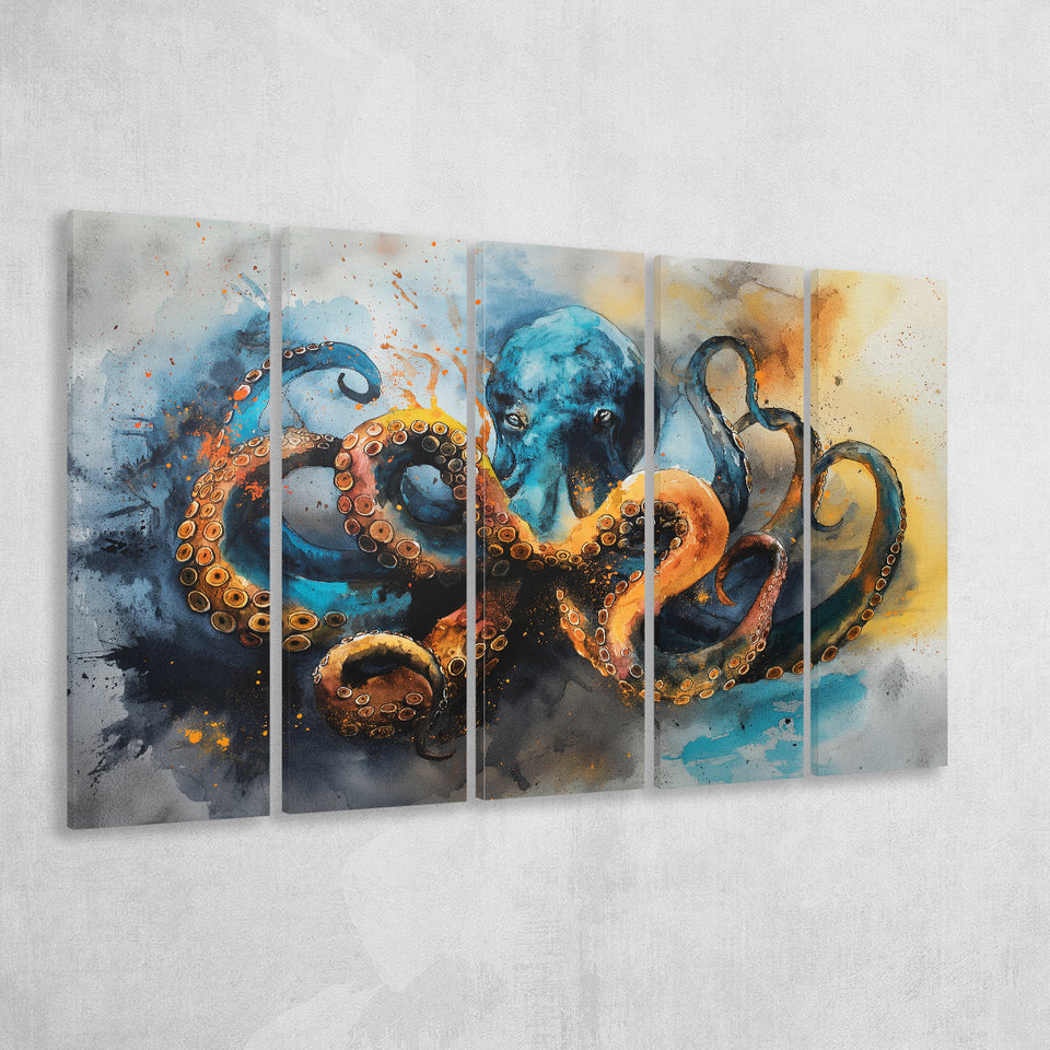 Kraken Painting Art Watercolor Painting, Mixed 5 Panel B Canvas Print Wall Art Decor, Extra Large Painting Canvas