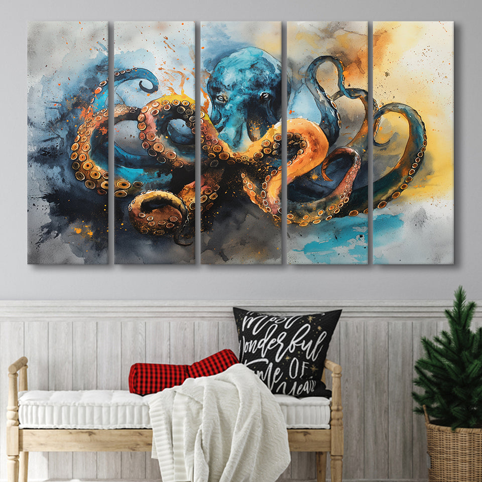 Kraken Painting Art Watercolor Painting, Mixed 5 Panel B Canvas Print Wall Art Decor, Extra Large Painting Canvas