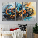 Kraken Painting Art Watercolor Painting, Mixed 5 Panel B Canvas Print Wall Art Decor, Extra Large Painting Canvas