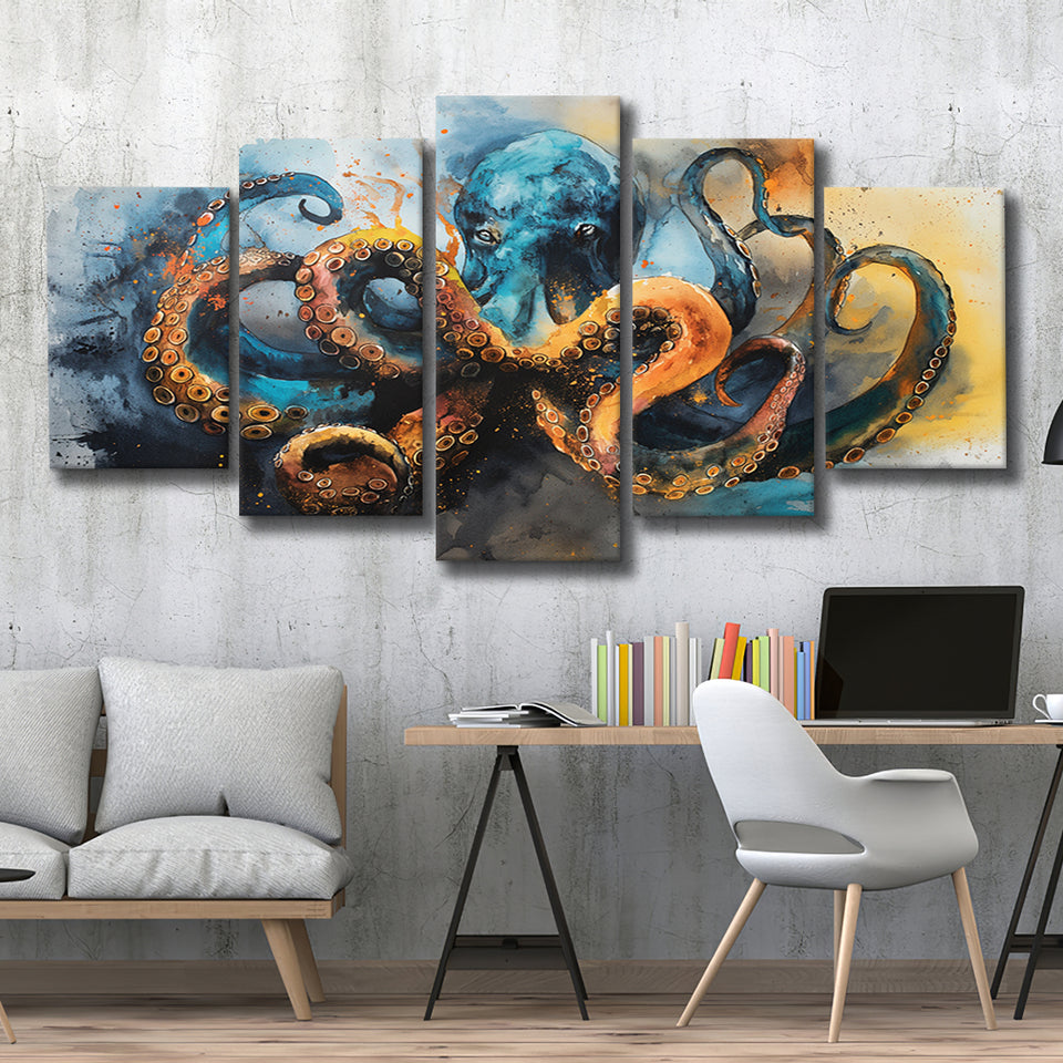 Kraken Painting Art Watercolor Painting, Mixed 5 Panel Canvas Print Wall Art Home Decor, Large Canvas Painting