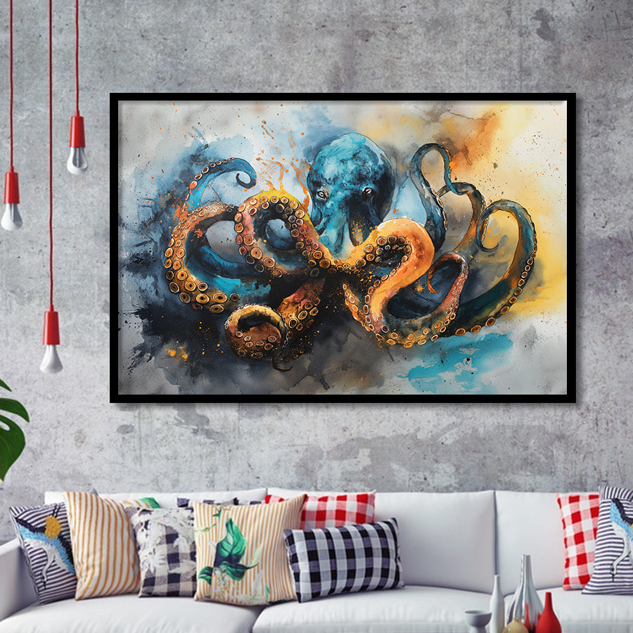 Kraken Painting Art Watercolor Painting, Framed Art Print Wall Decor, Picture Framed Painting Art