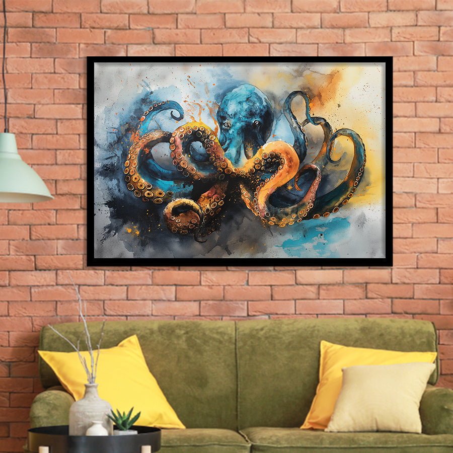 Kraken Painting Art Watercolor Painting, Framed Art Print Wall Decor, Picture Framed Painting Art