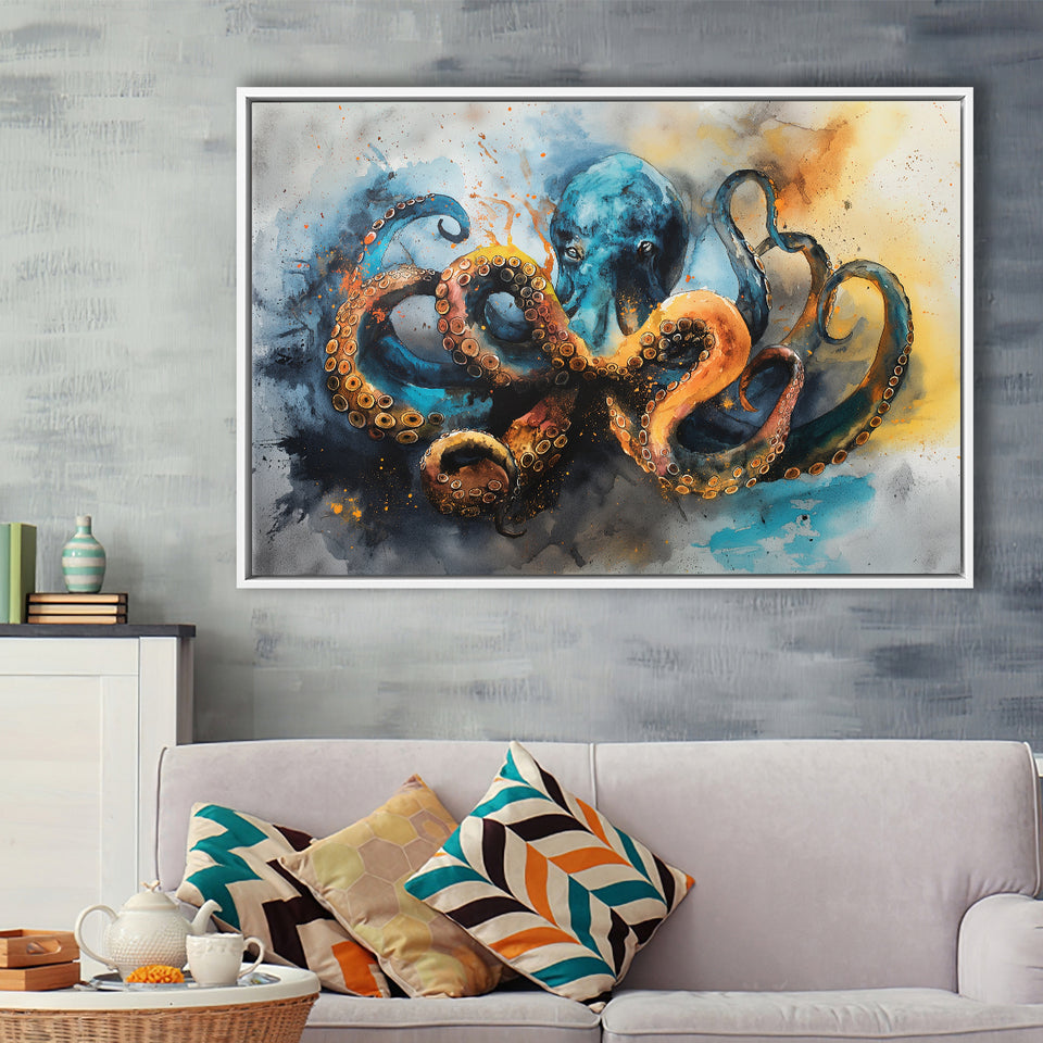 Kraken Painting Art Watercolor Painting, Framed Canvas Print Wall Art Decor, Floating Frame Painting Canvas