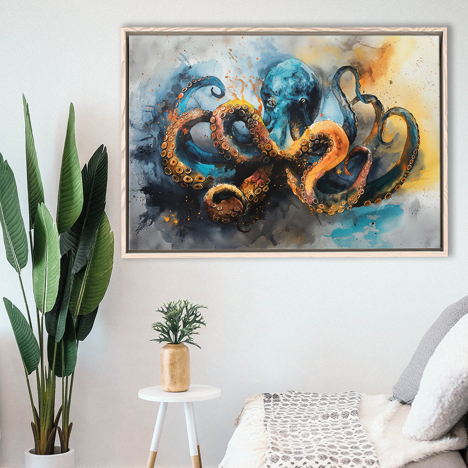 Kraken Painting Art Watercolor Painting, Framed Canvas Print Wall Art Decor, Floating Frame Painting Canvas