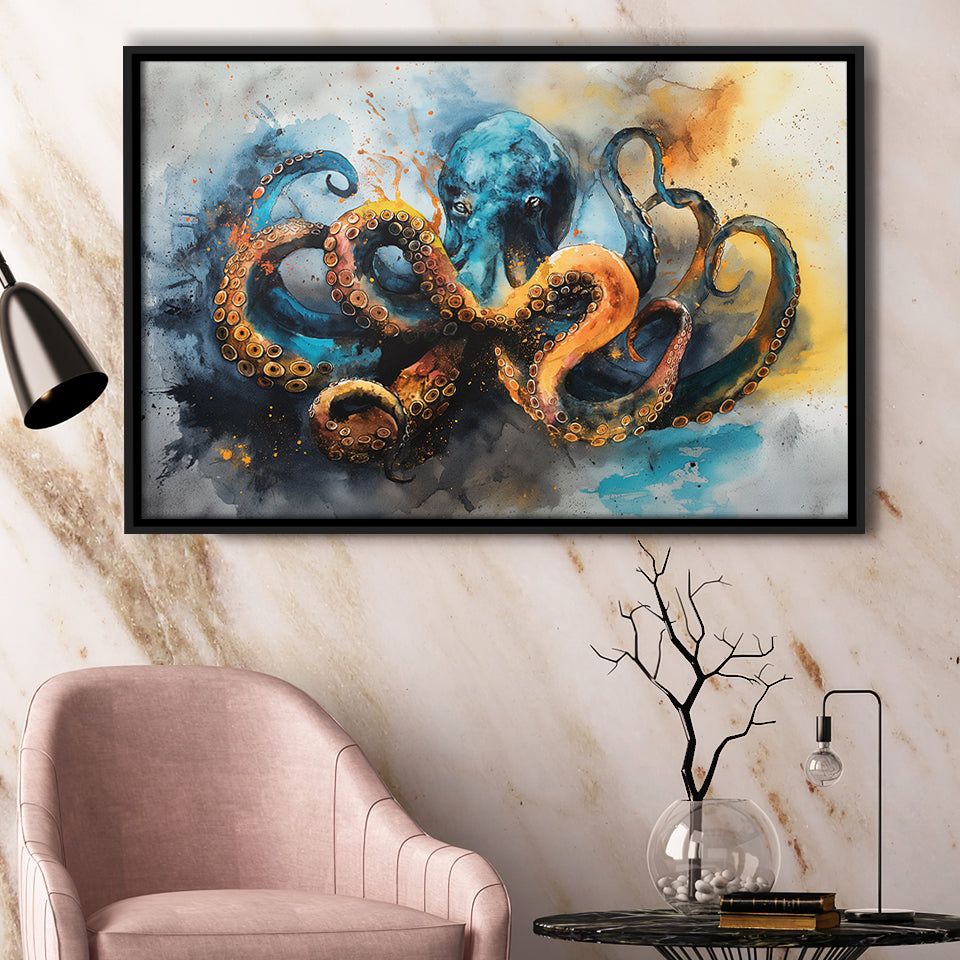 Kraken Painting Art Watercolor Painting, Framed Canvas Print Wall Art Decor, Floating Frame Painting Canvas