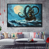 Kraken Tentacle Monster Attacks Pirate Ship In Moonlight, Framed Canvas Painting, Framed Canvas Prints Wall Art Decor