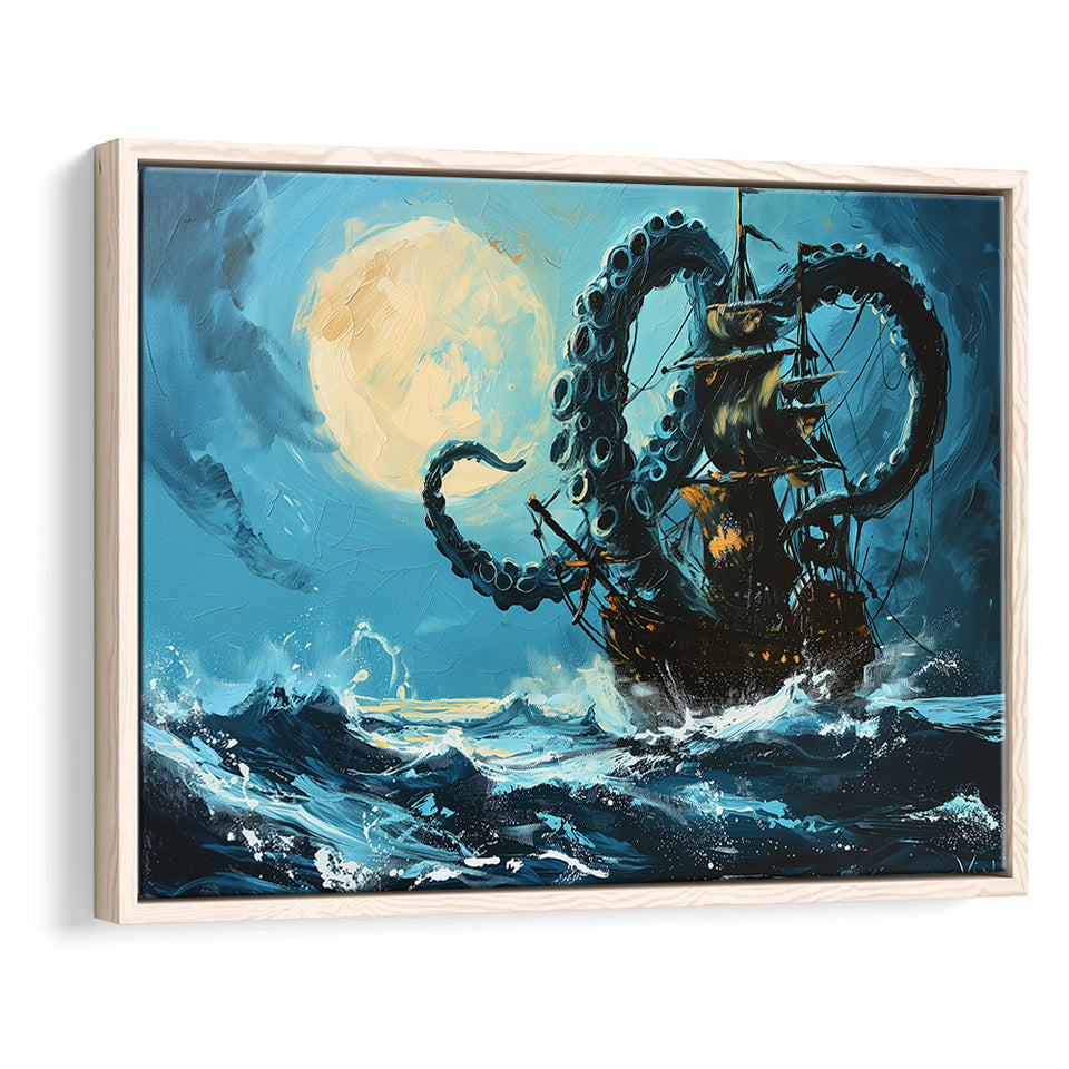 Kraken Tentacle Monster Attacks Pirate Ship In Moonlight, Framed Canvas Painting, Framed Canvas Prints Wall Art Decor