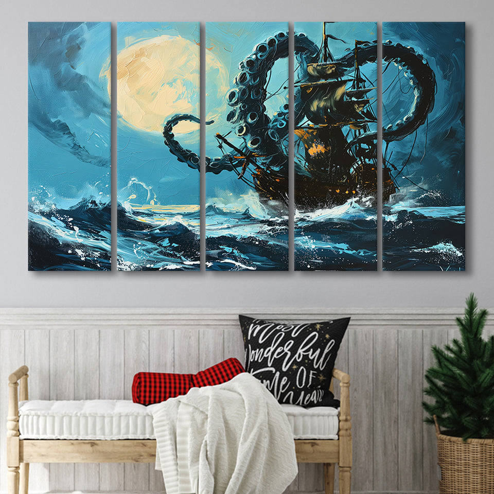 Kraken Tentacle Monster Attacks Pirate Ship In Moonlight, 5 Panels Extra Large Canvas, Canvas Prints Wall Art Decor