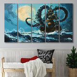 Kraken Tentacle Monster Attacks Pirate Ship In Moonlight, 5 Panels Extra Large Canvas, Canvas Prints Wall Art Decor