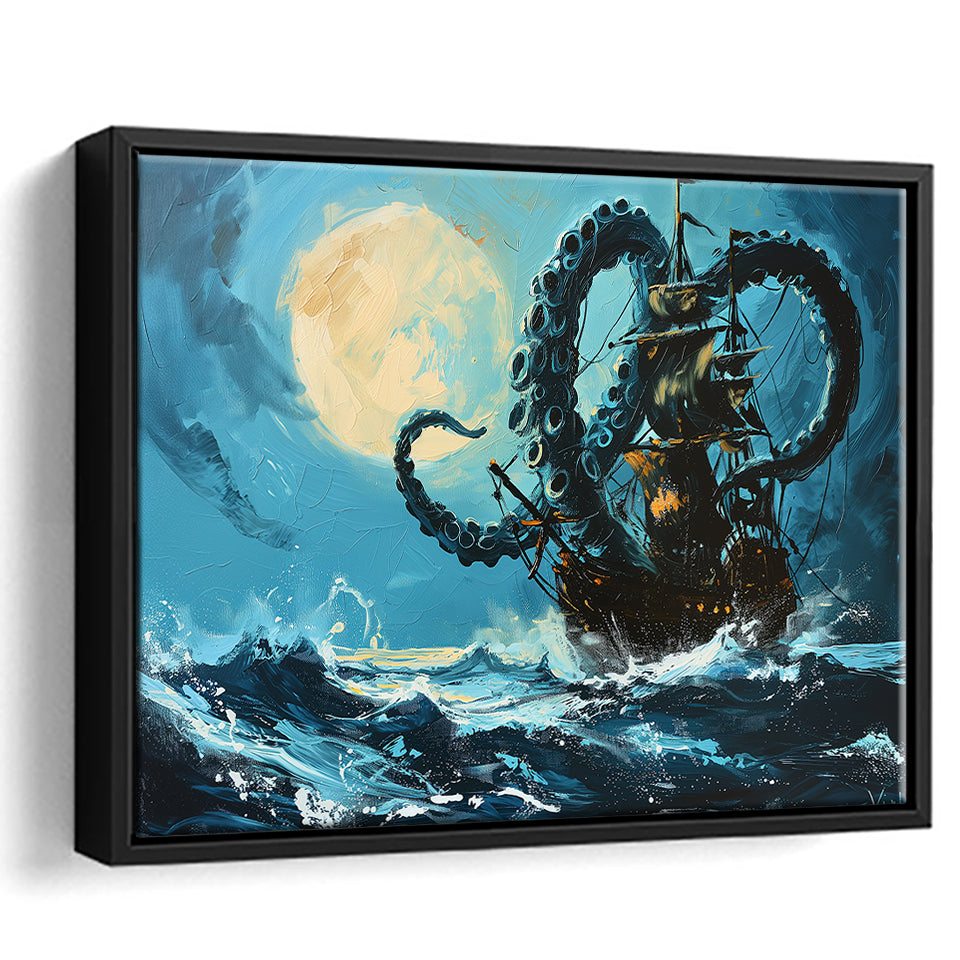 Kraken Tentacle Monster Attacks Pirate Ship In Moonlight, Framed Canvas Painting, Framed Canvas Prints Wall Art Decor