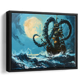 Kraken Tentacle Monster Attacks Pirate Ship In Moonlight, Framed Canvas Painting, Framed Canvas Prints Wall Art Decor