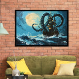 Kraken Tentacle Monster Attacks Pirate Ship In Moonlight, Framed Art Print Wall Decor, Framed Picture