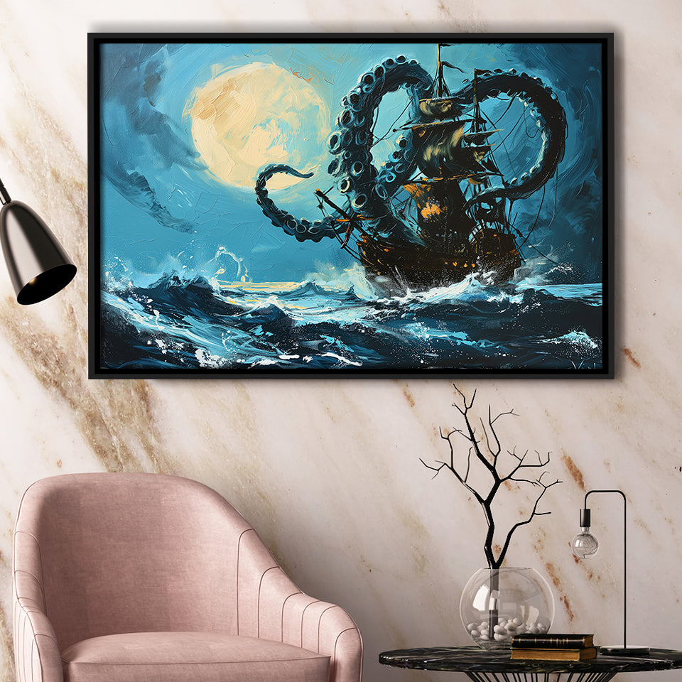 Kraken Tentacle Monster Attacks Pirate Ship In Moonlight, Framed Canvas Painting, Framed Canvas Prints Wall Art Decor