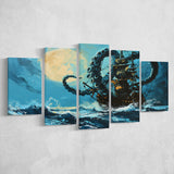 Kraken Tentacle Monster Attacks Pirate Ship In Moonlight, 5 Panels Mixed Large Canvas, Canvas Prints Wall Art Decor