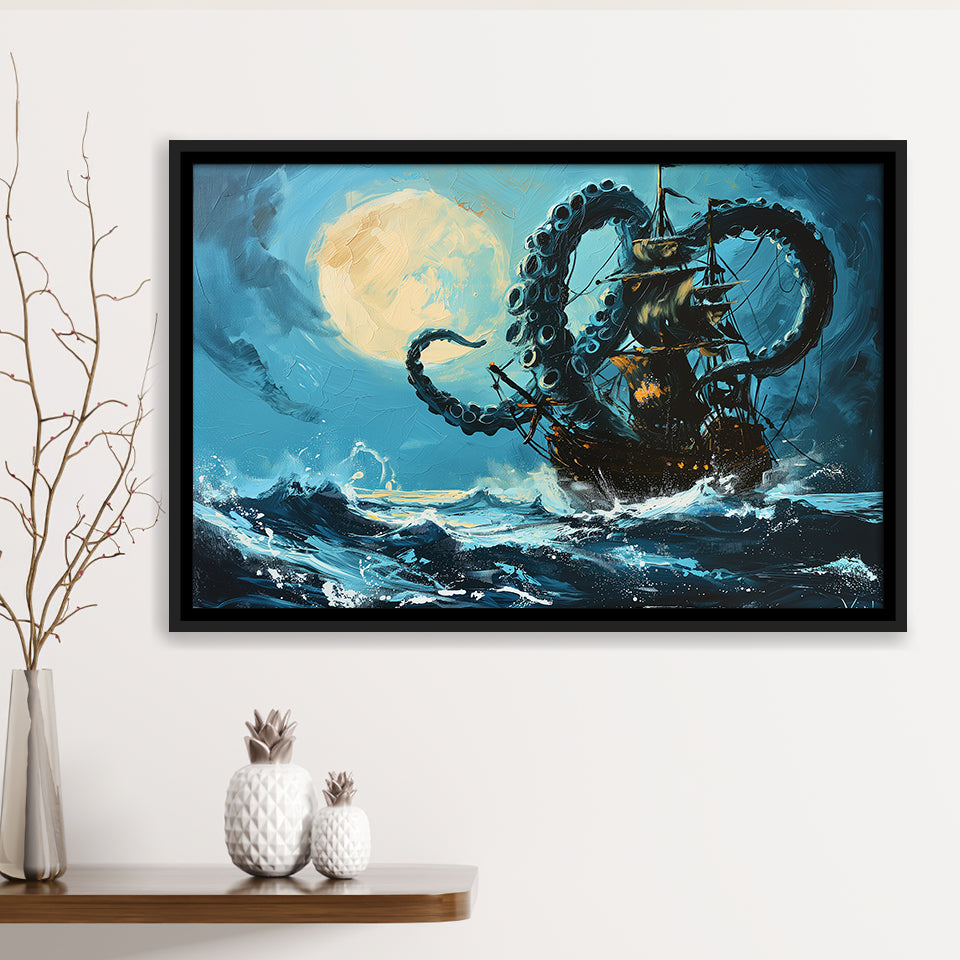 Kraken Tentacle Monster Attacks Pirate Ship In Moonlight, Framed Canvas Painting, Framed Canvas Prints Wall Art Decor