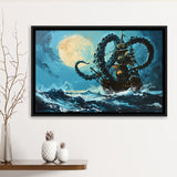 Kraken Tentacle Monster Attacks Pirate Ship In Moonlight, Framed Canvas Painting, Framed Canvas Prints Wall Art Decor