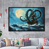Kraken Tentacle Monster Attacks Pirate Ship In Moonlight, Framed Art Print Wall Decor, Framed Picture