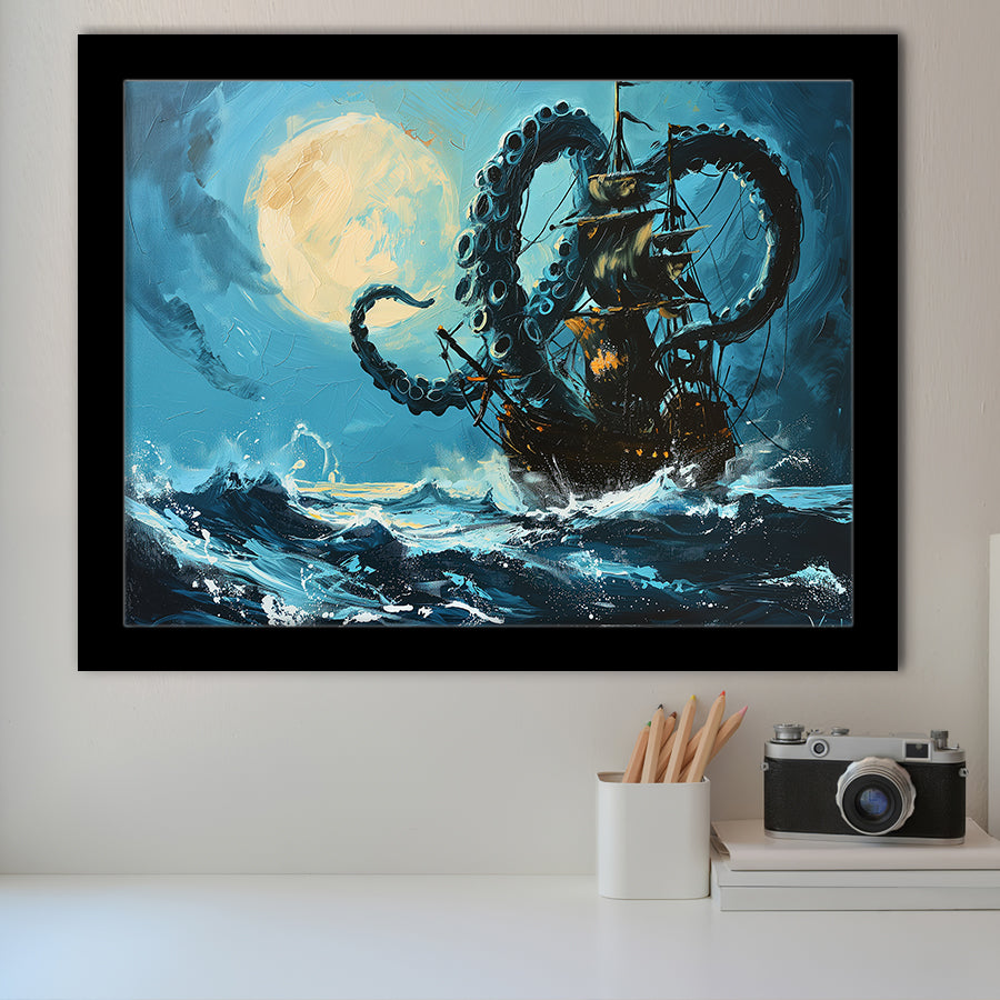 Kraken Tentacle Monster Attacks Pirate Ship In Moonlight, Framed Art Print Wall Decor, Framed Picture