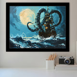 Kraken Tentacle Monster Attacks Pirate Ship In Moonlight, Framed Art Print Wall Decor, Framed Picture