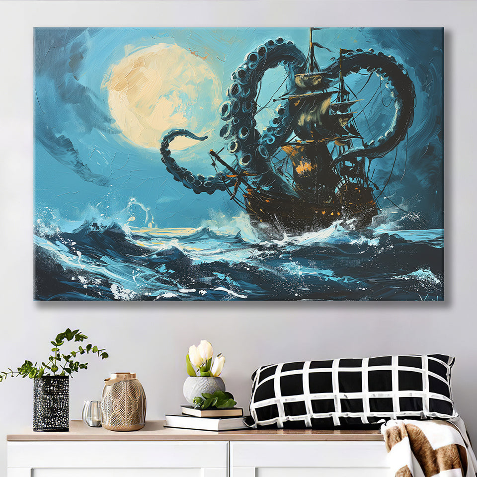 Kraken Tentacle Monster Attacks Pirate Ship In Moonlight, Canvas Painting, Canvas Prints Wall Art Decor