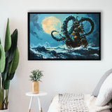 Kraken Tentacle Monster Attacks Pirate Ship In Moonlight, Framed Canvas Painting, Framed Canvas Prints Wall Art Decor