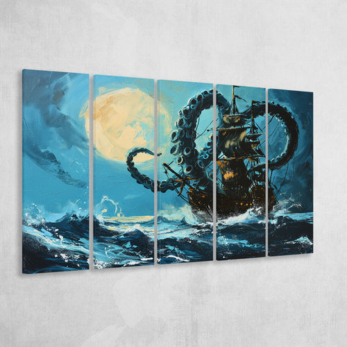 Kraken Tentacle Monster Attacks Pirate Ship In Moonlight, 5 Panels Extra Large Canvas, Canvas Prints Wall Art Decor