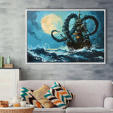 Kraken Tentacle Monster Attacks Pirate Ship In Moonlight, Framed Canvas Painting, Framed Canvas Prints Wall Art Decor