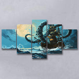 Kraken Tentacle Monster Attacks Pirate Ship In Moonlight, 5 Panels Mixed Large Canvas, Canvas Prints Wall Art Decor