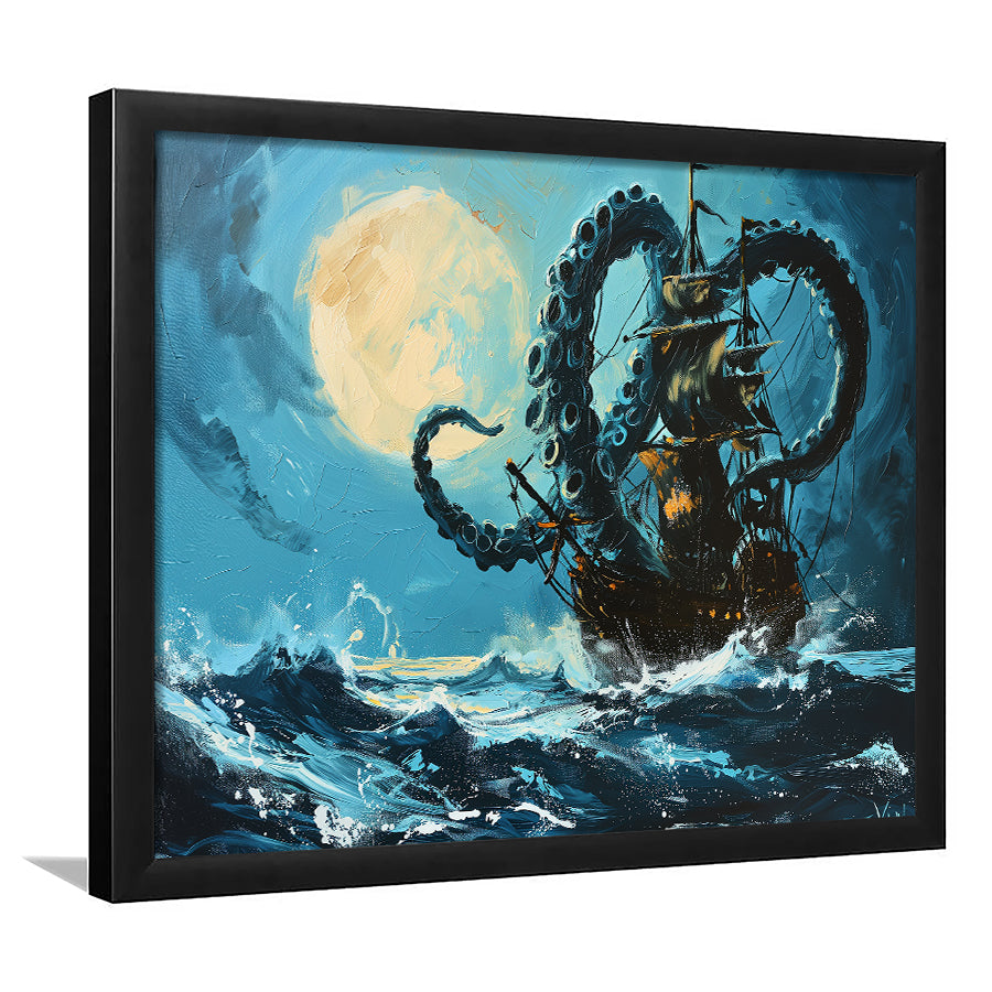 Kraken Tentacle Monster Attacks Pirate Ship In Moonlight, Framed Art Print Wall Decor, Framed Picture