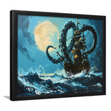 Kraken Tentacle Monster Attacks Pirate Ship In Moonlight, Framed Art Print Wall Decor, Framed Picture