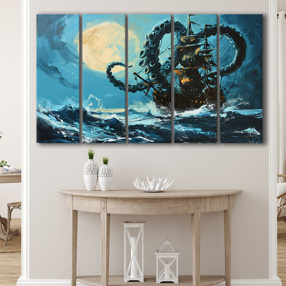 Kraken Tentacle Monster Attacks Pirate Ship In Moonlight, 5 Panels Extra Large Canvas, Canvas Prints Wall Art Decor