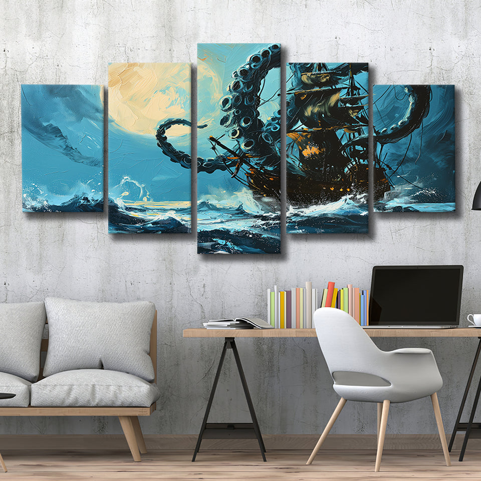 Kraken Tentacle Monster Attacks Pirate Ship In Moonlight, 5 Panels Mixed Large Canvas, Canvas Prints Wall Art Decor