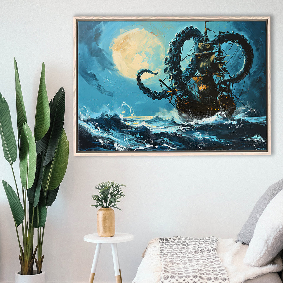 Kraken Tentacle Monster Attacks Pirate Ship In Moonlight, Framed Canvas Painting, Framed Canvas Prints Wall Art Decor