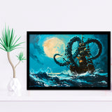 Kraken Tentacle Monster Attacks Pirate Ship In Moonlight, Framed Art Print Wall Decor, Framed Picture
