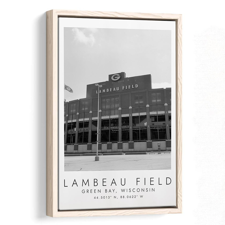 Lambeau Field Green Bay Packers, Stadium Wall Art For Football Lovers, B&W, Floating Framed Canvas Print